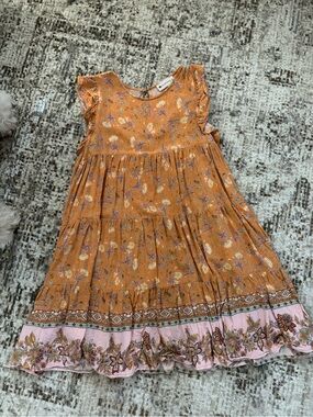 The Impeccable Pig Orange Floral Tiered Dress with Pink Border